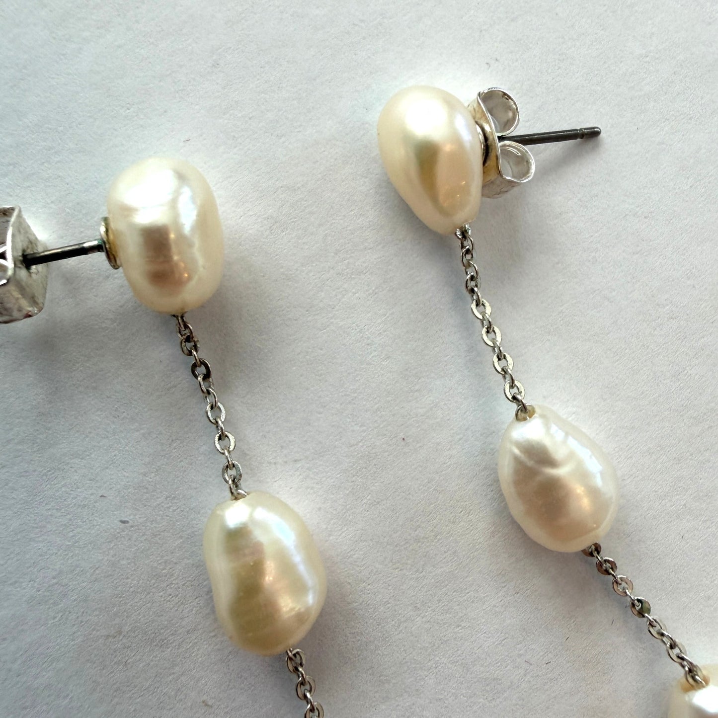 Silver Tone and Pearl 3.5" Long Drop Earrings 4 Pearls