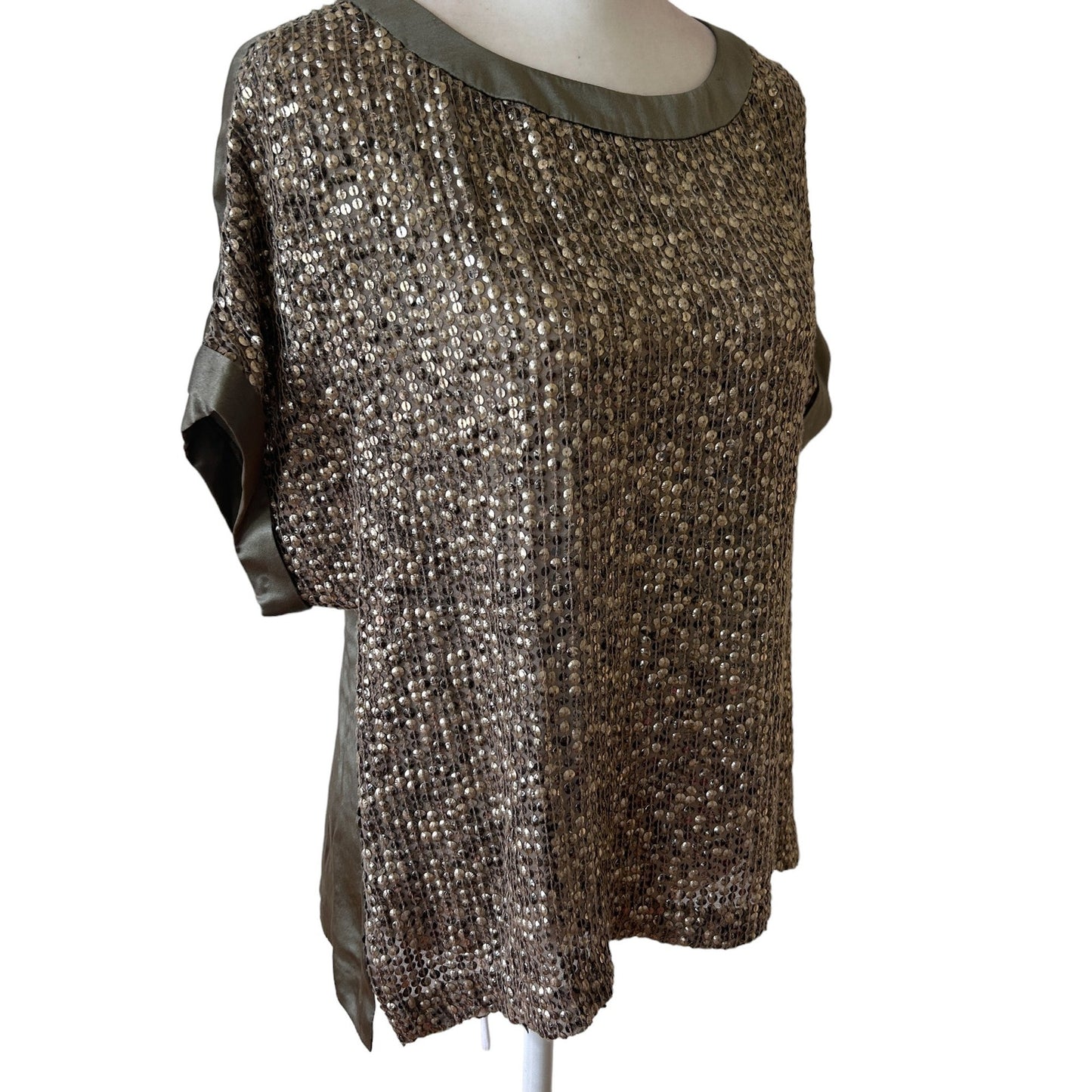 Carlisle Taupe Silk Boxy Short Sleeve Sequined Top Womens Size 10