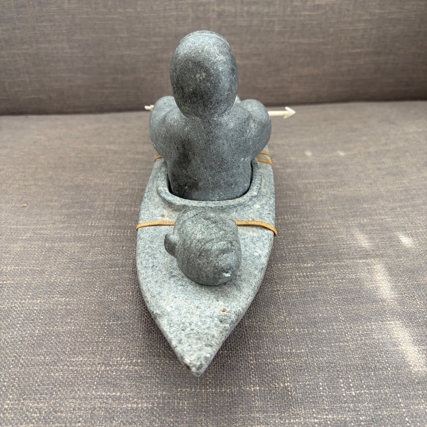 Vintage Inuit Gray Soapstone Man in Boat Figure Sculpture Eskimo Art Signed