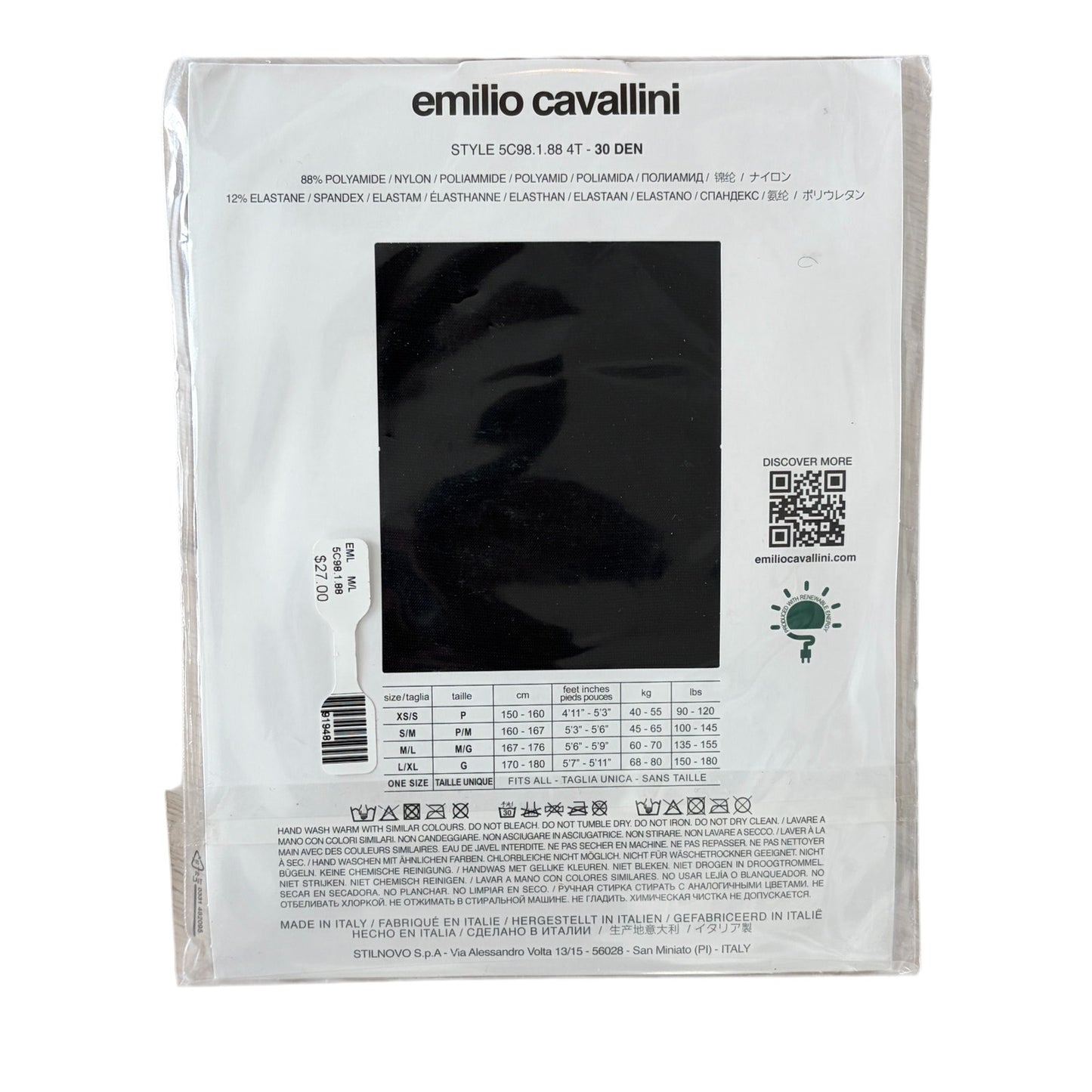 Emilio Cavallini Firenze Black Tights Style 5C98.1.88 Womens Size S / M NEW