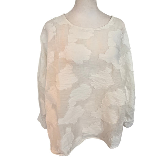Karl Lagerfeld White on White Floral 3/4 Sleeve Pullover Top Womens Size Medium