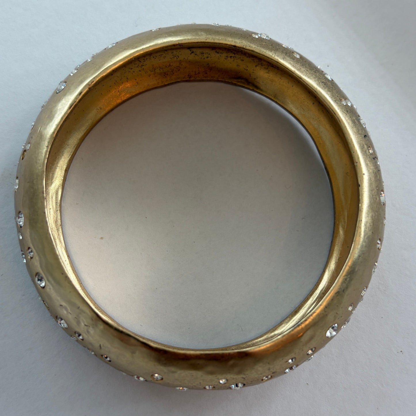 Gold Tone and CZ Inset Hammered Brass Bangle Bracelet
