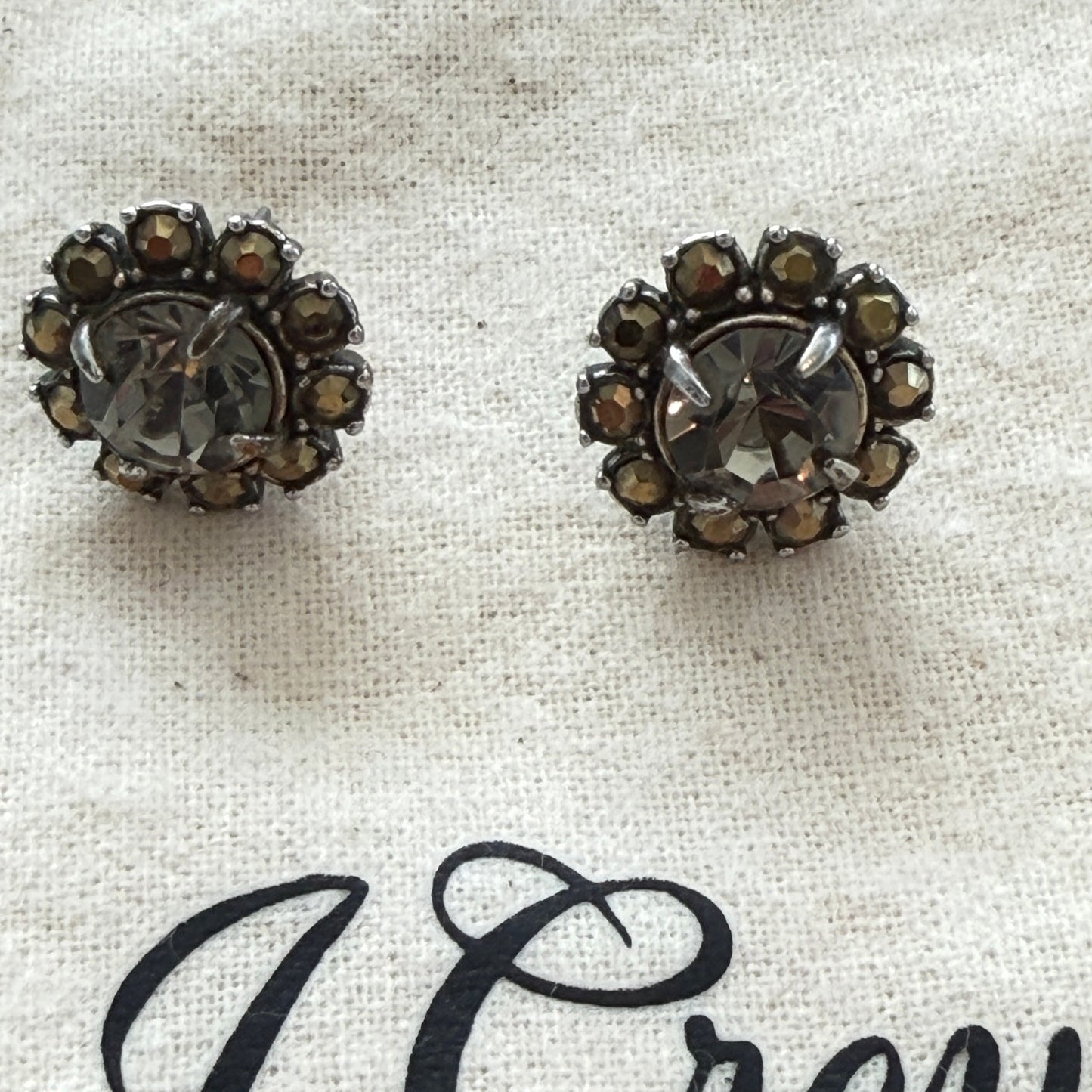 J Crew Silver Tone. Rhinestone, Brown Stone Flower Shaped Post Earrings Estate