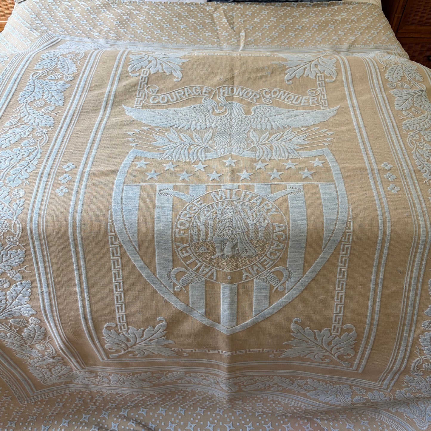 Vintage Monument Mills Valley Forge Military Academy Blue/Tan Coverlet 61" x 88"