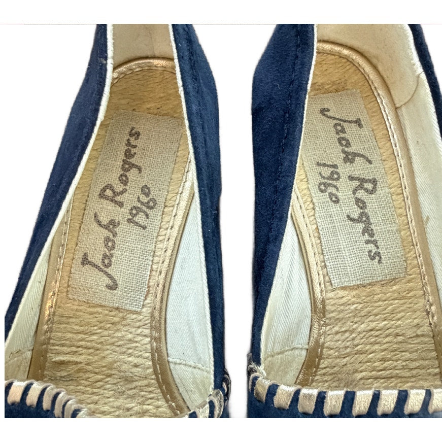 Jack Rogers Naby Blue Suede Gold Trim Open toe Wedge Espadrille Womens Size 7