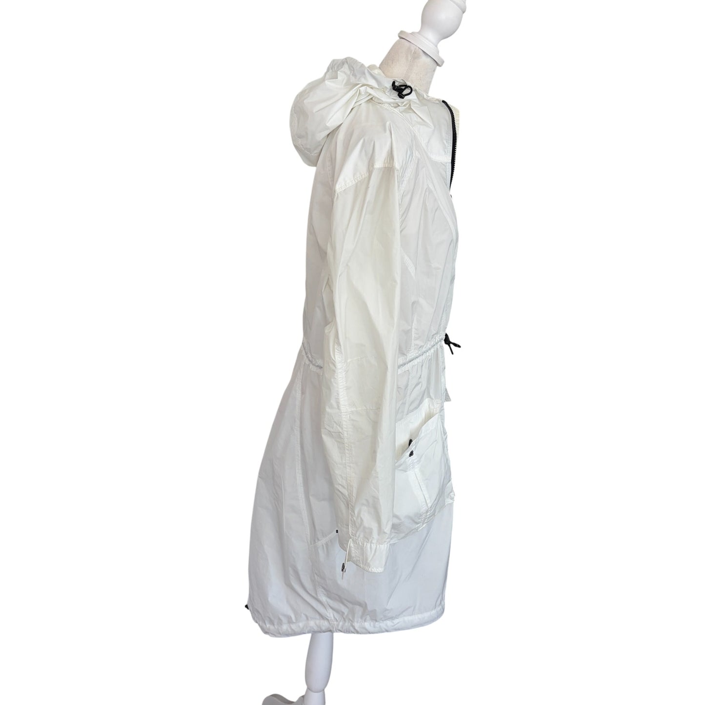 Athleta Hooded Full Zip Cinch Waist White Long Rain Jacket Womens Size Medium