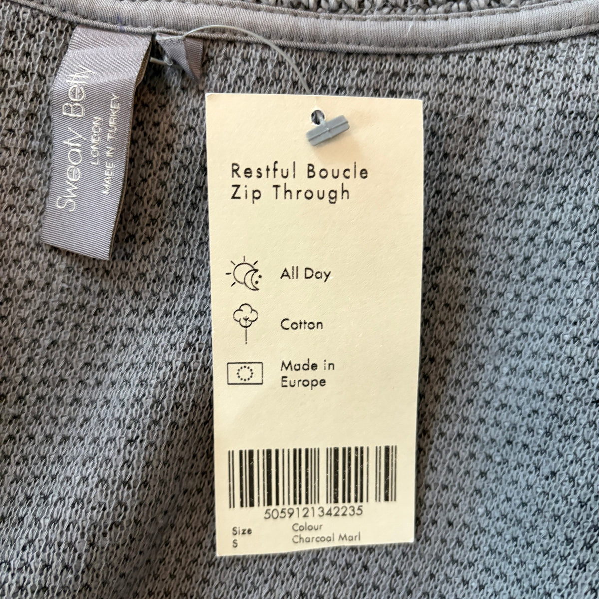 Sweaty Betty Restful Boucle Zip Through Charcoal Sweatshirt Womens Size Small