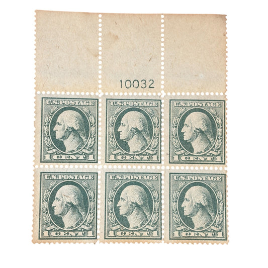 US Scott #536 1 Cent Top Plate Block of Six Stamps MNH