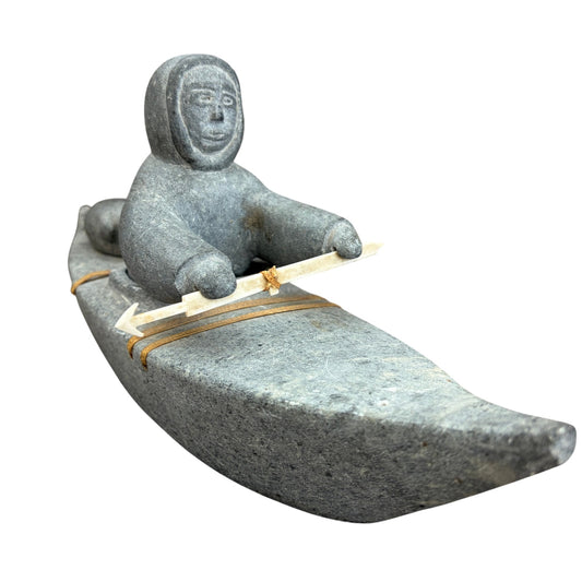 Vintage Inuit Gray Soapstone Man in Boat Figure Sculpture Eskimo Art Signed