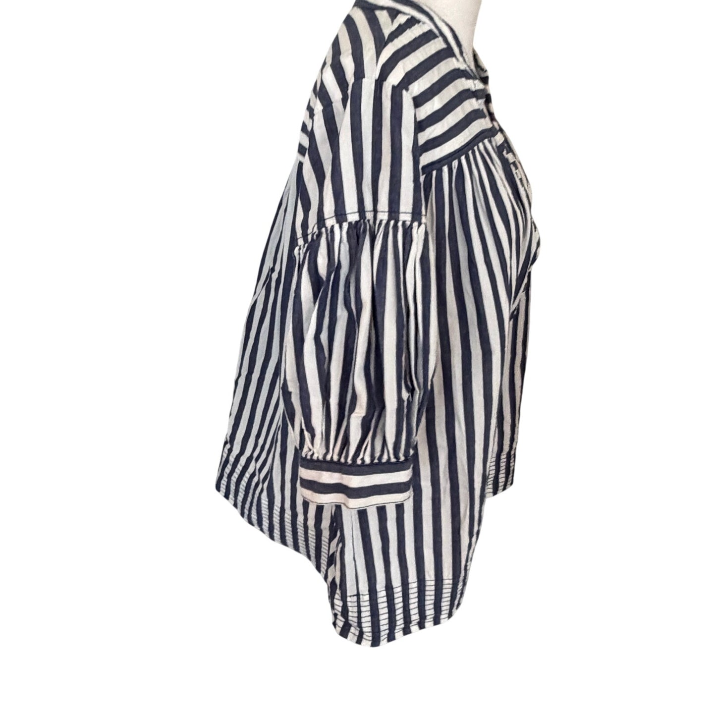 Anthropologie Blue and White Striped Puff Sleeve Top Womens Size Large