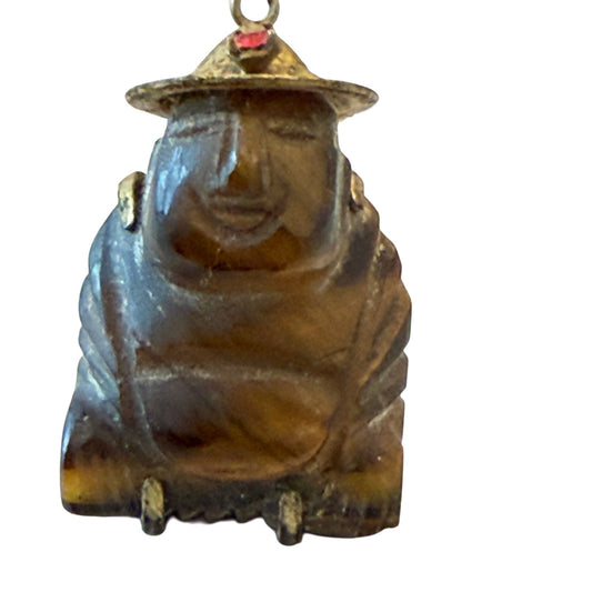 Vintage Asian Tiger's Eye Hand Carved Buddha Charm Pendant 14 K Gold, Ruby Stone