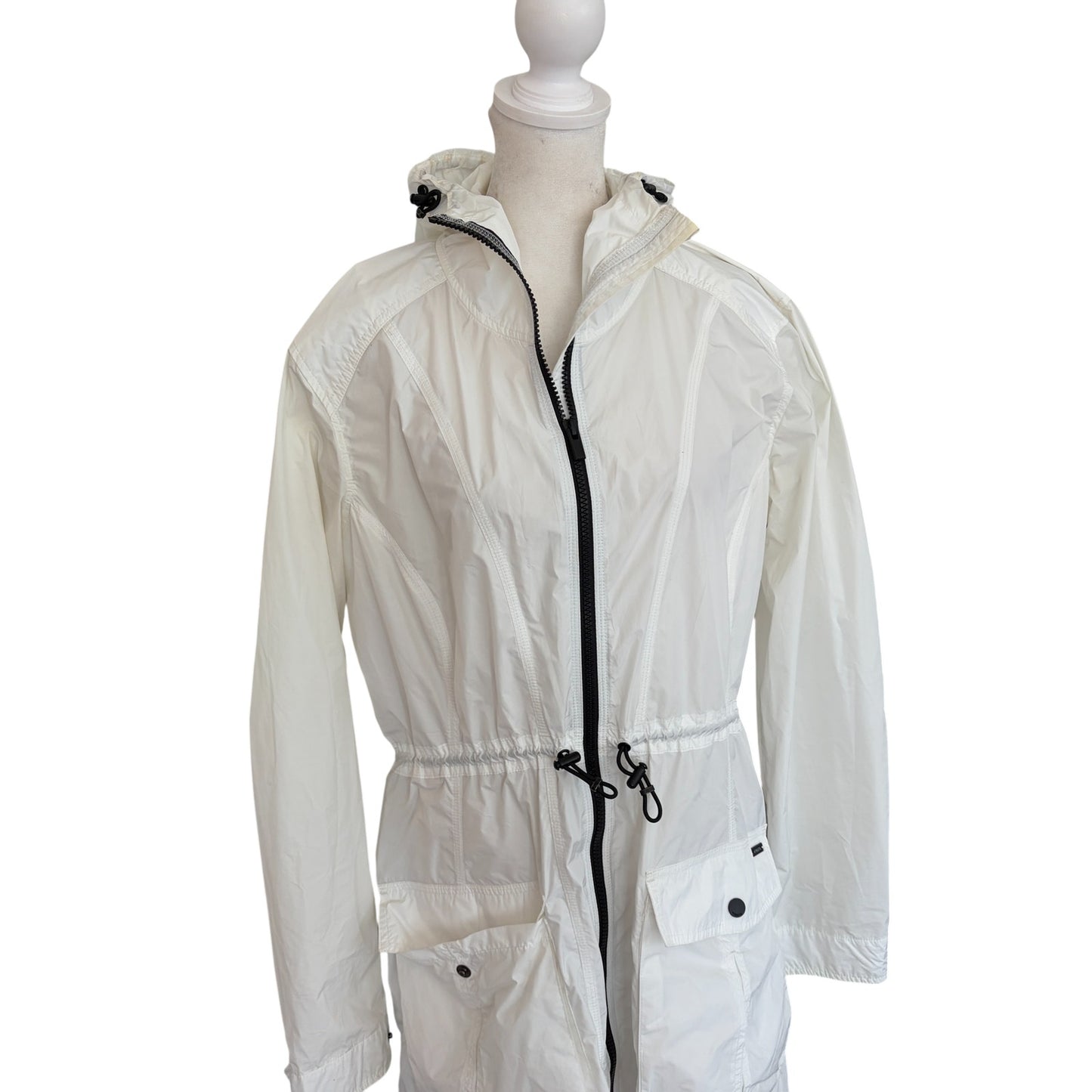 Athleta Hooded Full Zip Cinch Waist White Long Rain Jacket Womens Size Medium