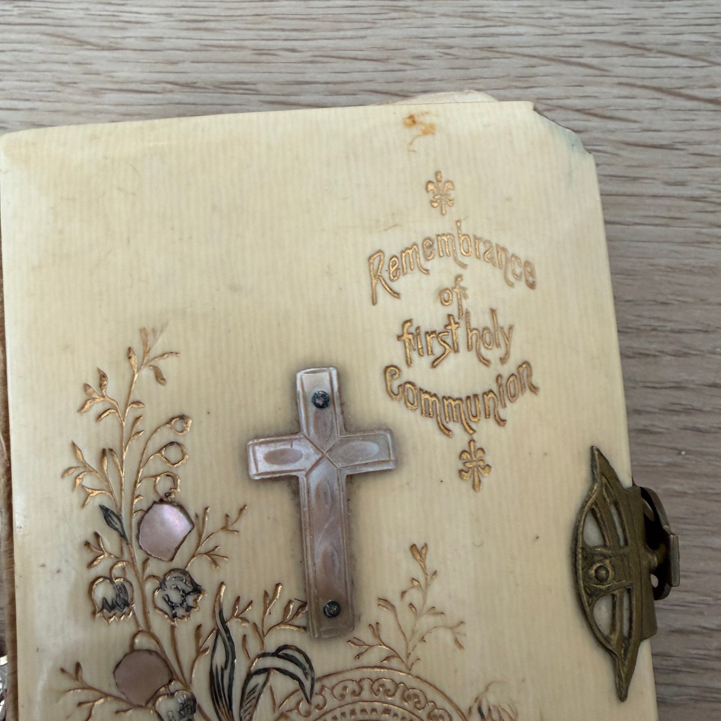Antique German Remembrance of 1st Holy Communion Prayer Book, Blue Rosary Beads