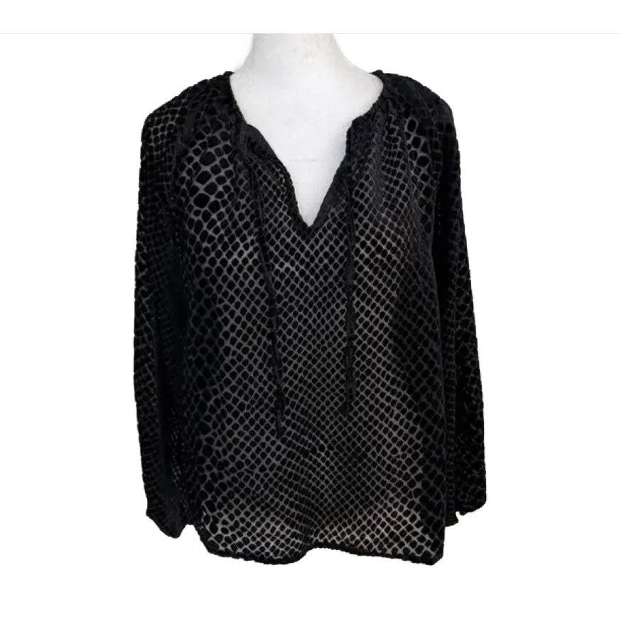 Evereve Black Sheer Animal Print Long Sleeve V-Neck Top Blouse Womens Size XS