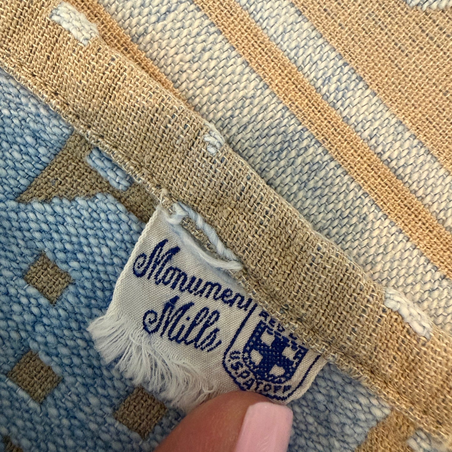 Vintage Monument Mills Valley Forge Military Academy Blue/Tan Coverlet 61" x 88"