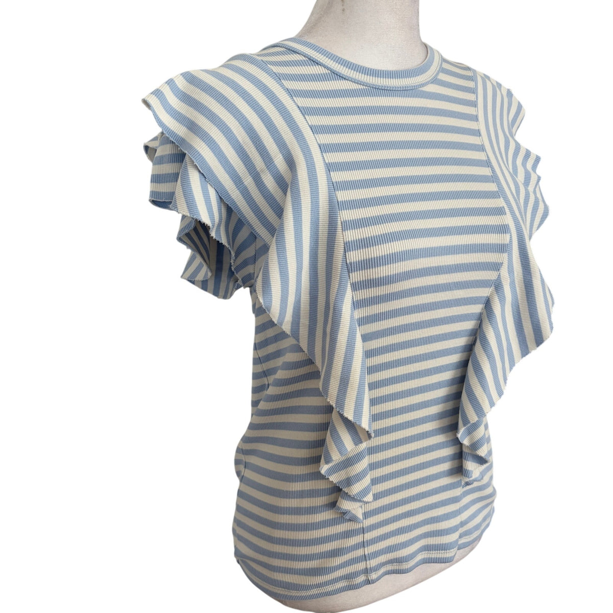Veronica Beard Light Blue & White Striped Ruffled T-Shirt Top Women Size Small