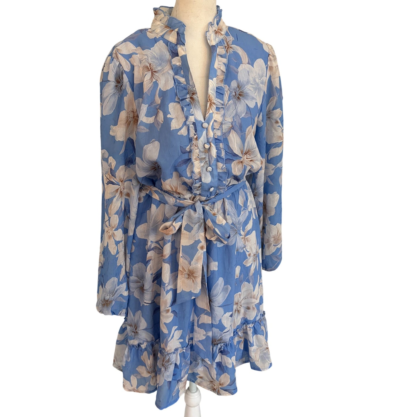 Joie Blue and White Floral Ruffled Mini Dress Long Sleeves Womens Size Medium