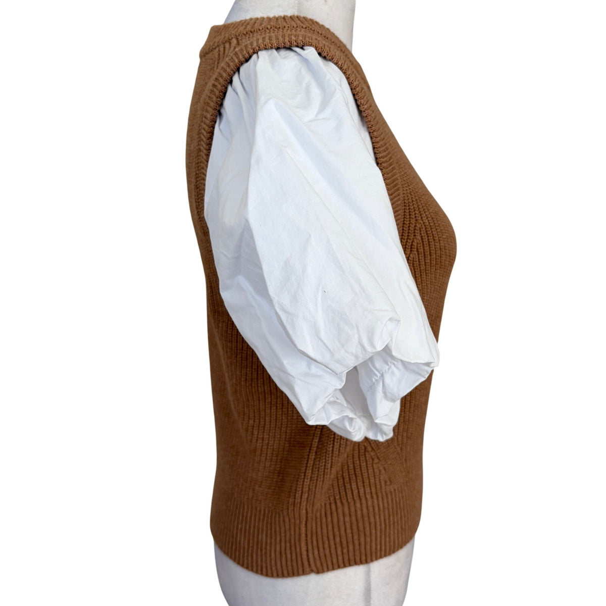 Lilla P Mixed Media Pullover Brown Sweater Vest + White Puff Sleeve Top Size XS