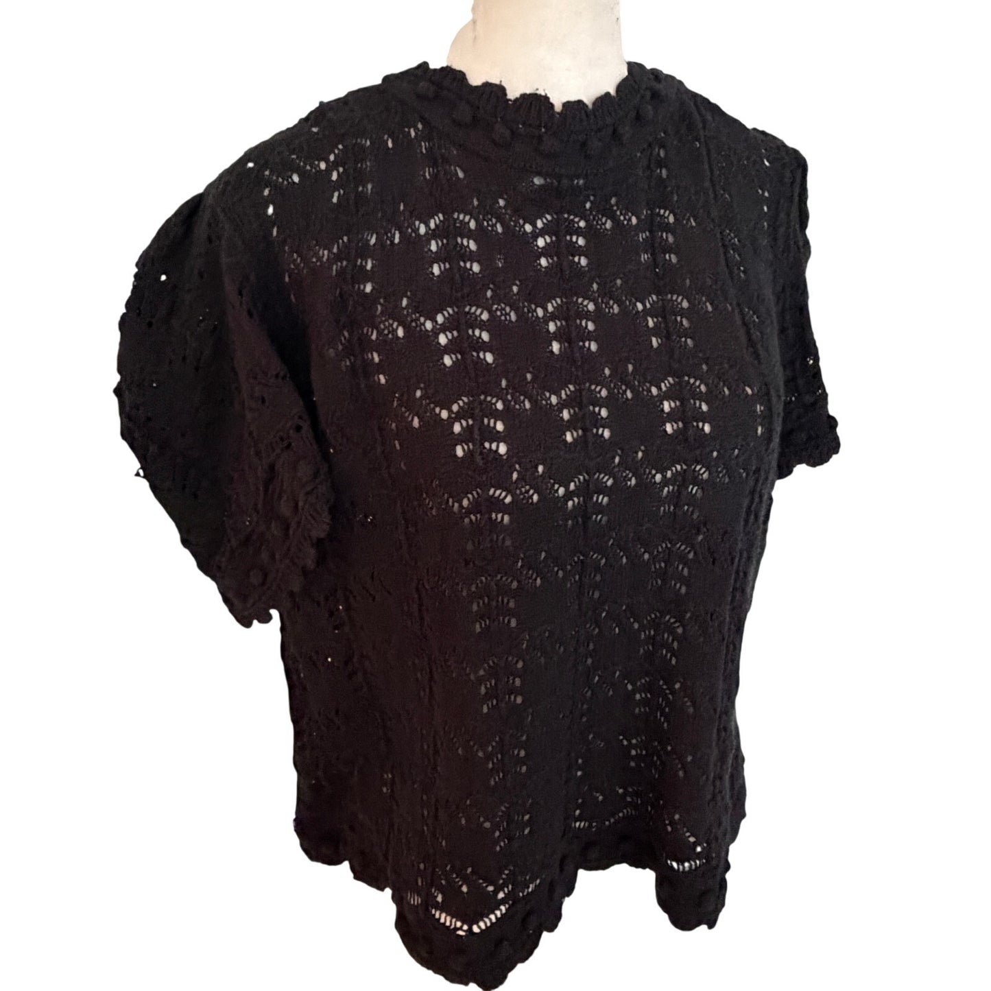 Anthropologie Black Crochet Short Sleeve Scalloped Sweater Women Size XL Petite