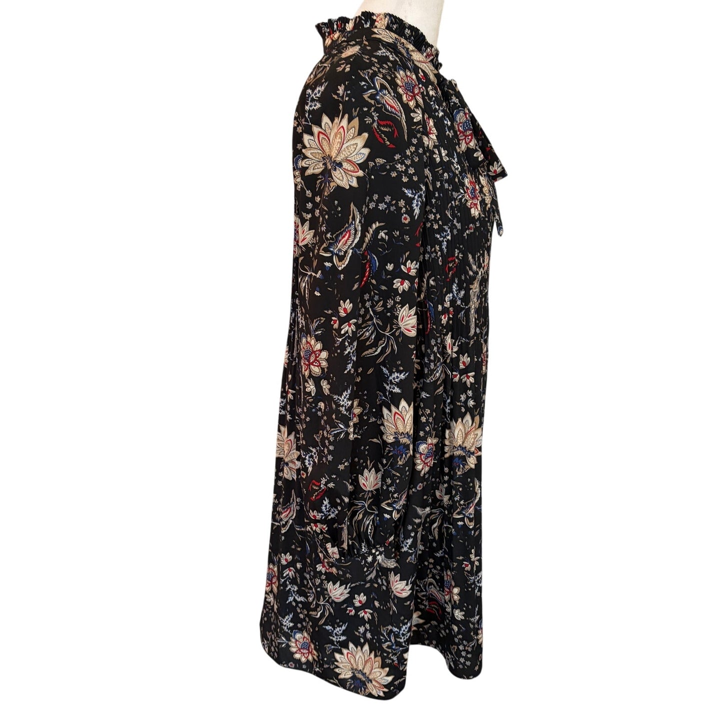Mika & Gali Black Floral Pleated Long Sleeve Shirt Dress Womens Size Large