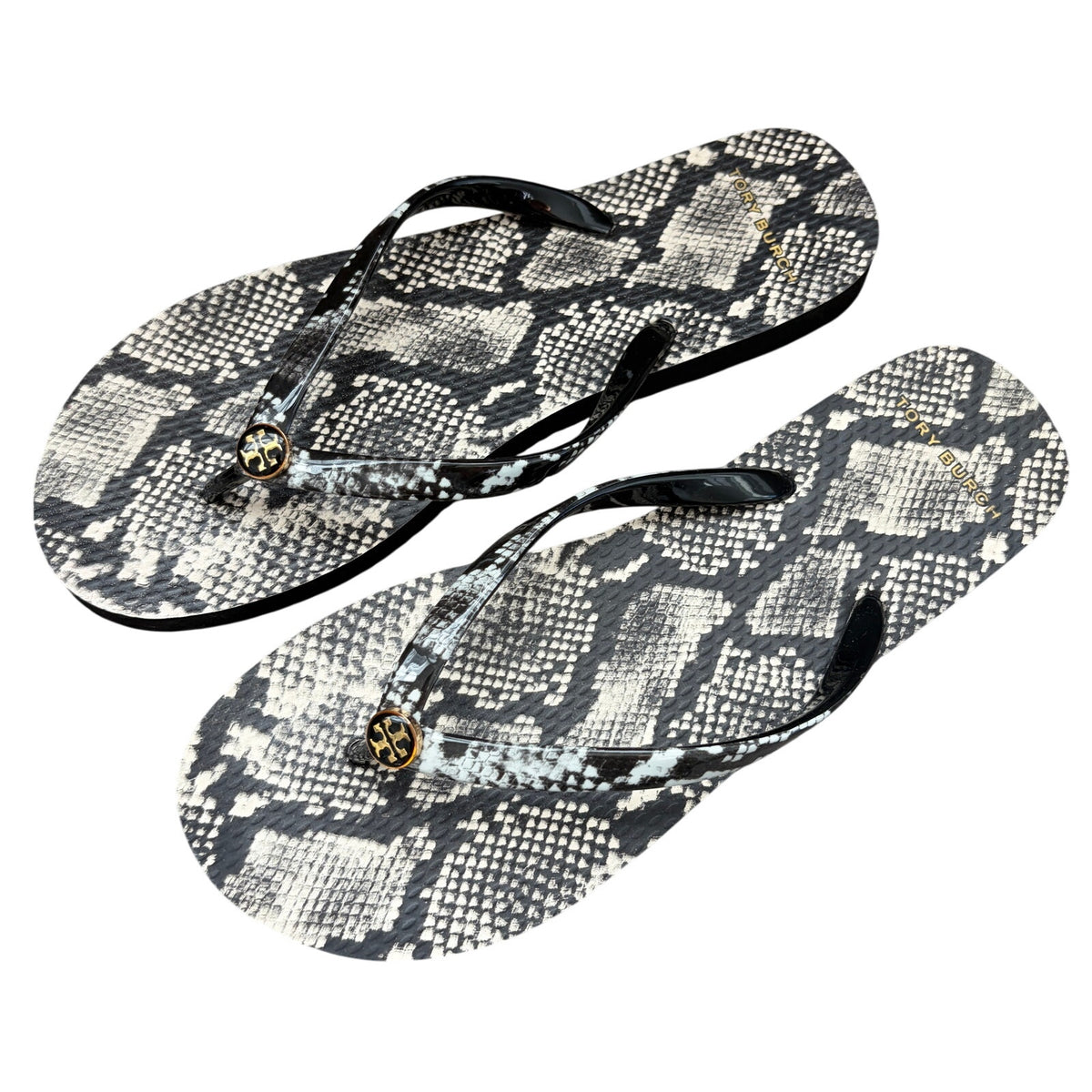 Tory Burch Black Ivory Snakeskin Print Flip Flop Thong Sandals Womens Size 7.5