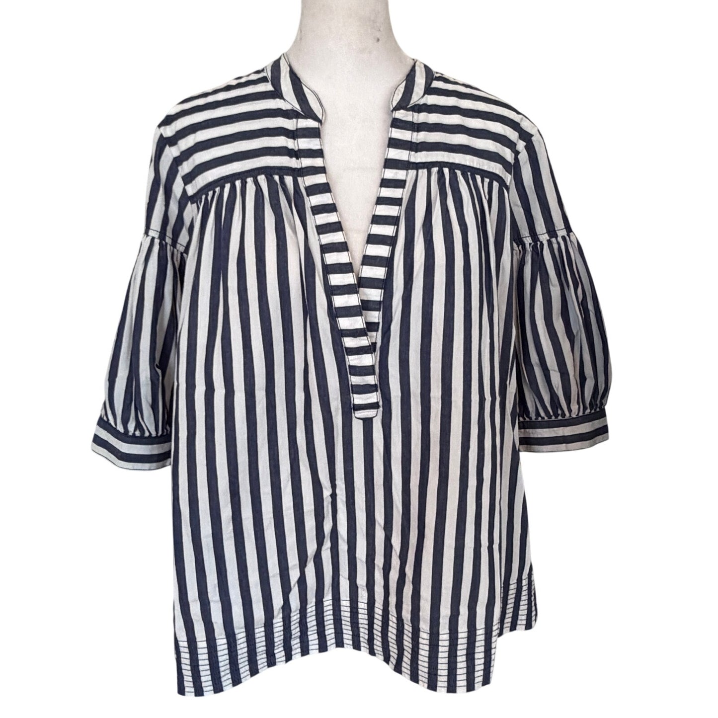Anthropologie Blue and White Striped Puff Sleeve Top Womens Size Large