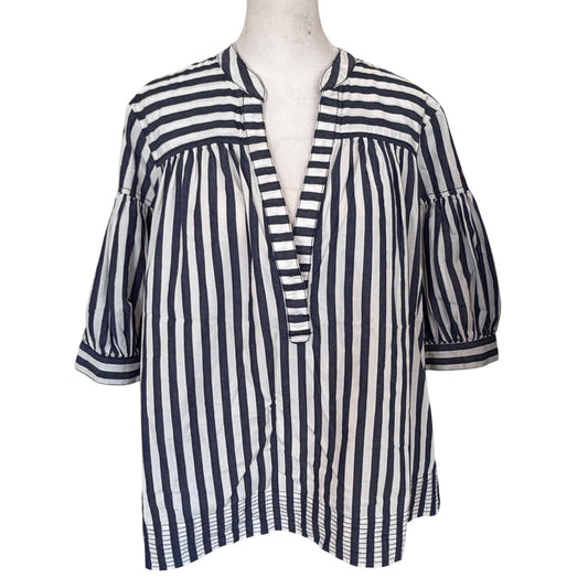Anthropologie Blue and White Striped Puff Sleeve Top Womens Size Large