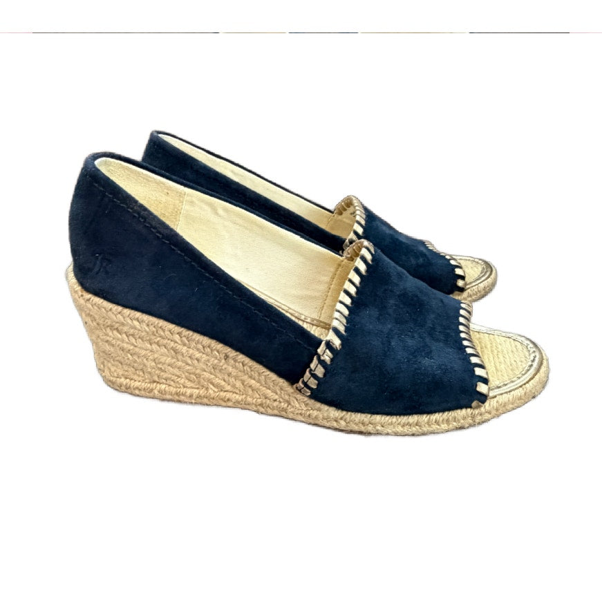 Jack Rogers Naby Blue Suede Gold Trim Open toe Wedge Espadrille Womens Size 7