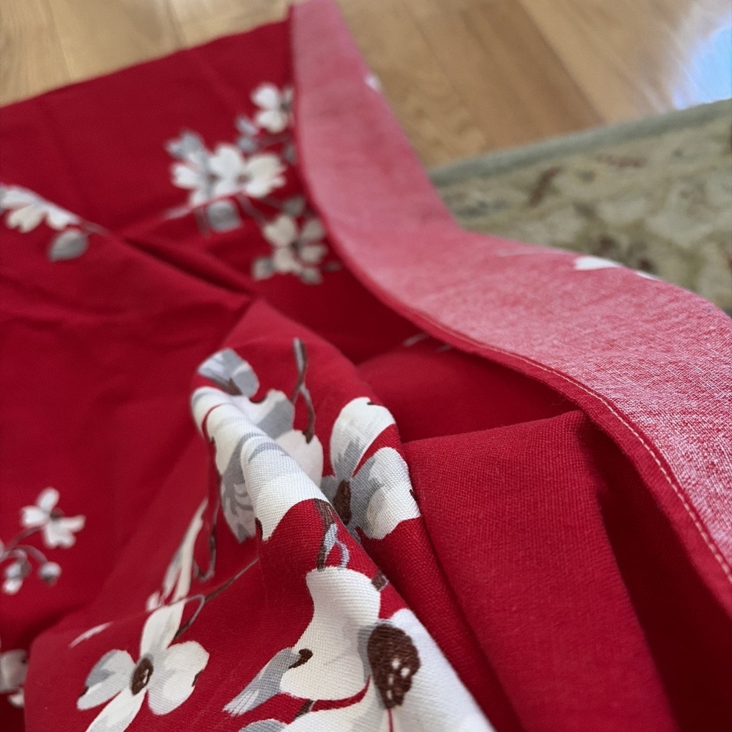 MID Century Vintage Wilendur Tablecloth Red W/ White Dogwood Flowers 53” X 65”