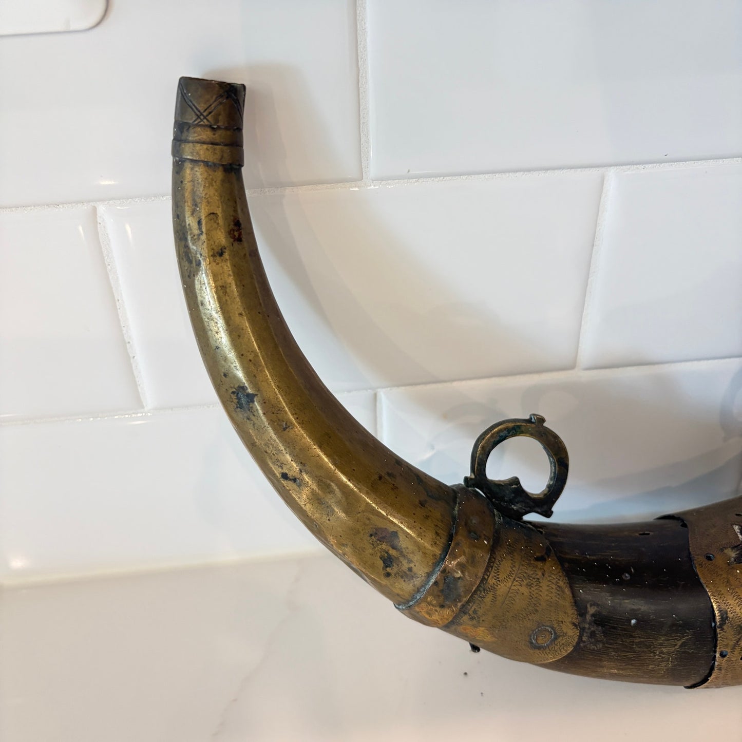 Antique Decorated Brass Gun Powder Horn North African Circa 18th-19th Century