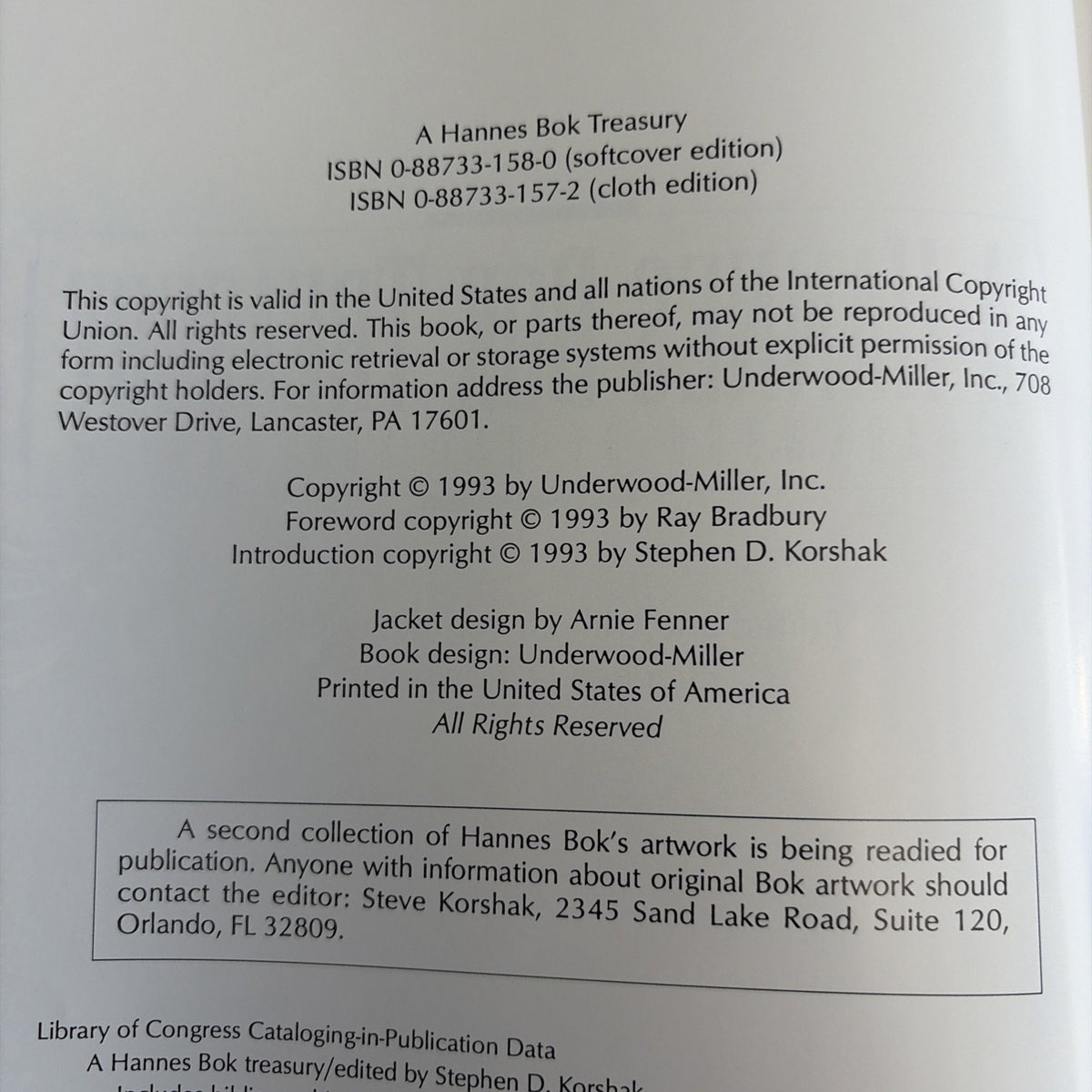 A Hannes Bok Treasury, ed by Stephen Korshak, Underwood-Miller, 1993 Hardcover