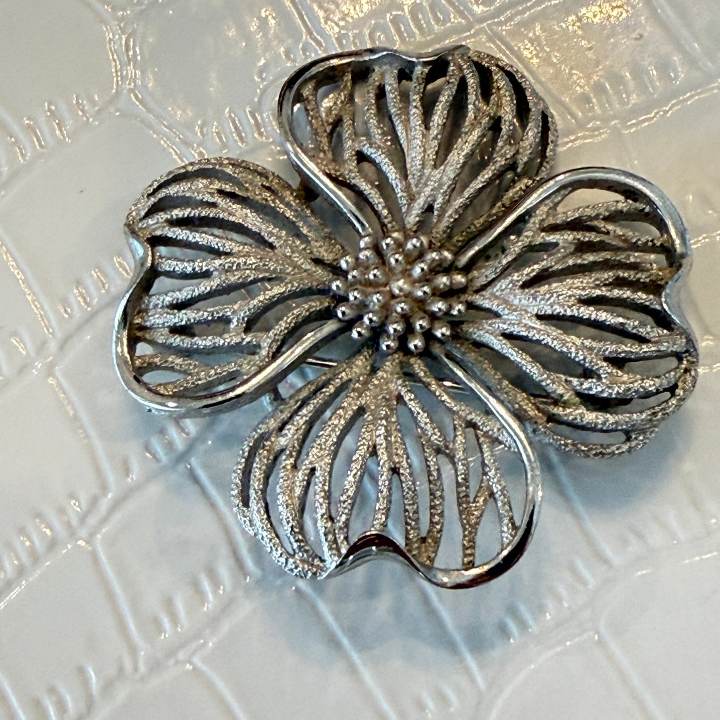 Crown Trifari Alfred Philippe Vintage Silver Flower with Pearls Brooch