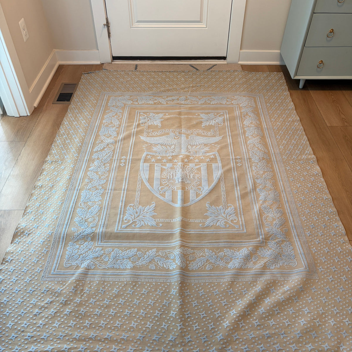 Vintage Monument Mills Valley Forge Military Academy Blue/Tan Coverlet 61" x 88"