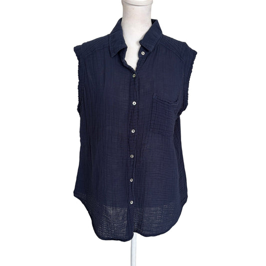 Michael Stars Navy Blue Crinkle Sleeveless Button Down Shirt Womens Size Medium