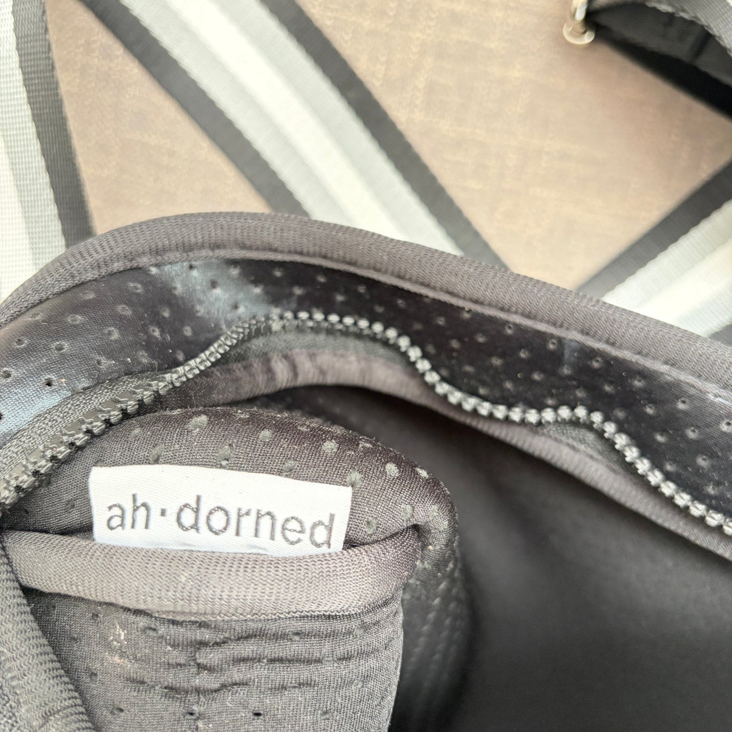 Ahdorned Black Large Pouch Crossbody With Black, White, Gray Woven Strap