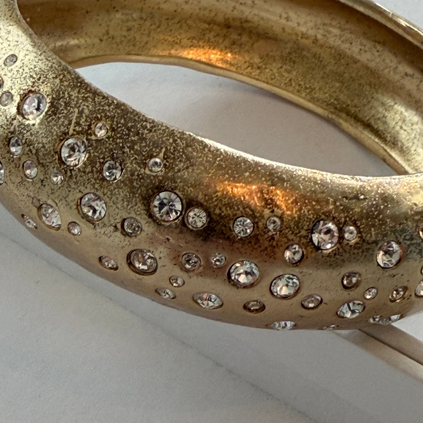 Gold Tone and CZ Inset Hammered Brass Bangle Bracelet