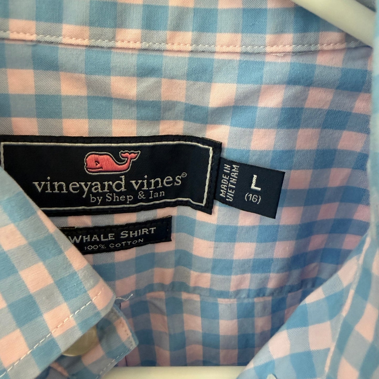 Vineyard Vines Boys Blue & Pink Gingham Button-Down Whale Shirt Boys Size Large