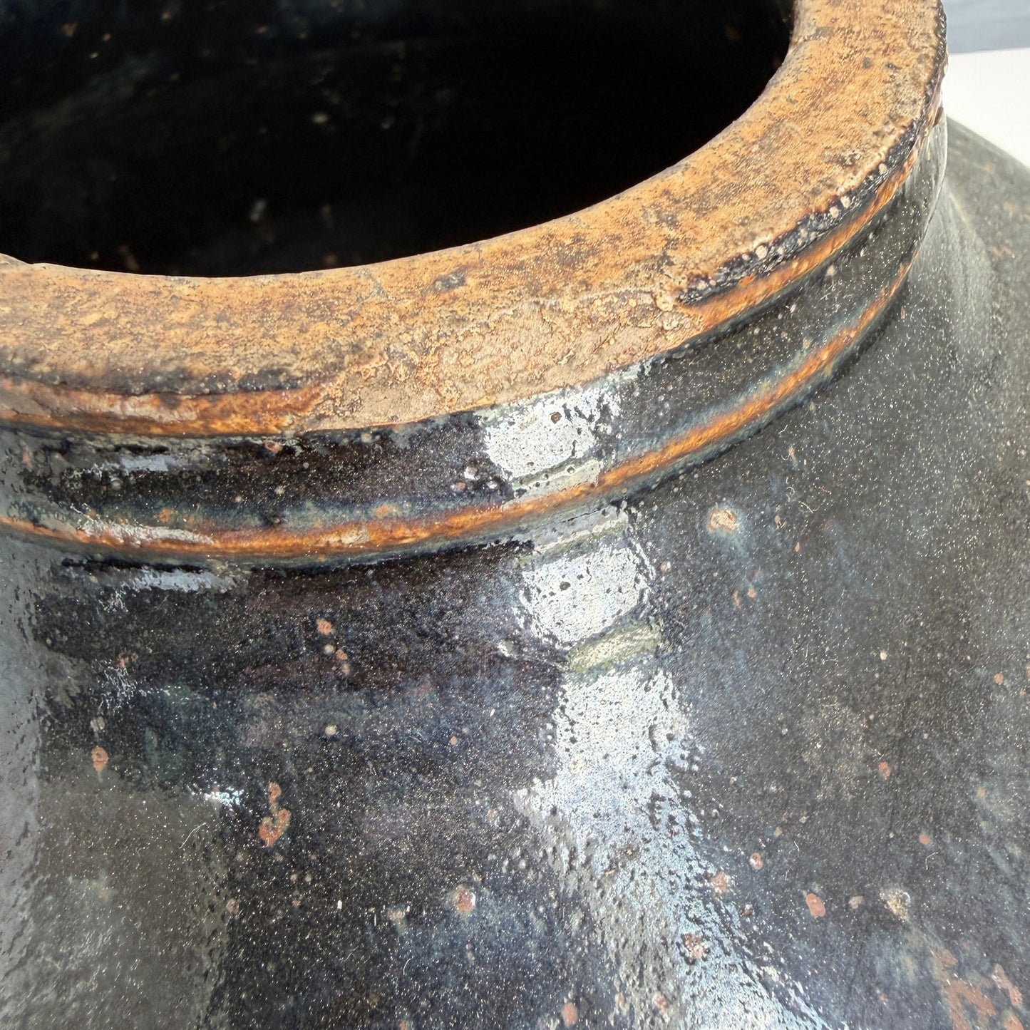 Antique Chinese Ming Large Black Cizhou Vase / Pot  Brown Spots 8" x 11"