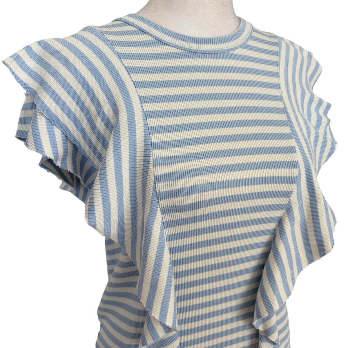 Veronica Beard Light Blue & White Striped Ruffled T-Shirt Top Women Size Small