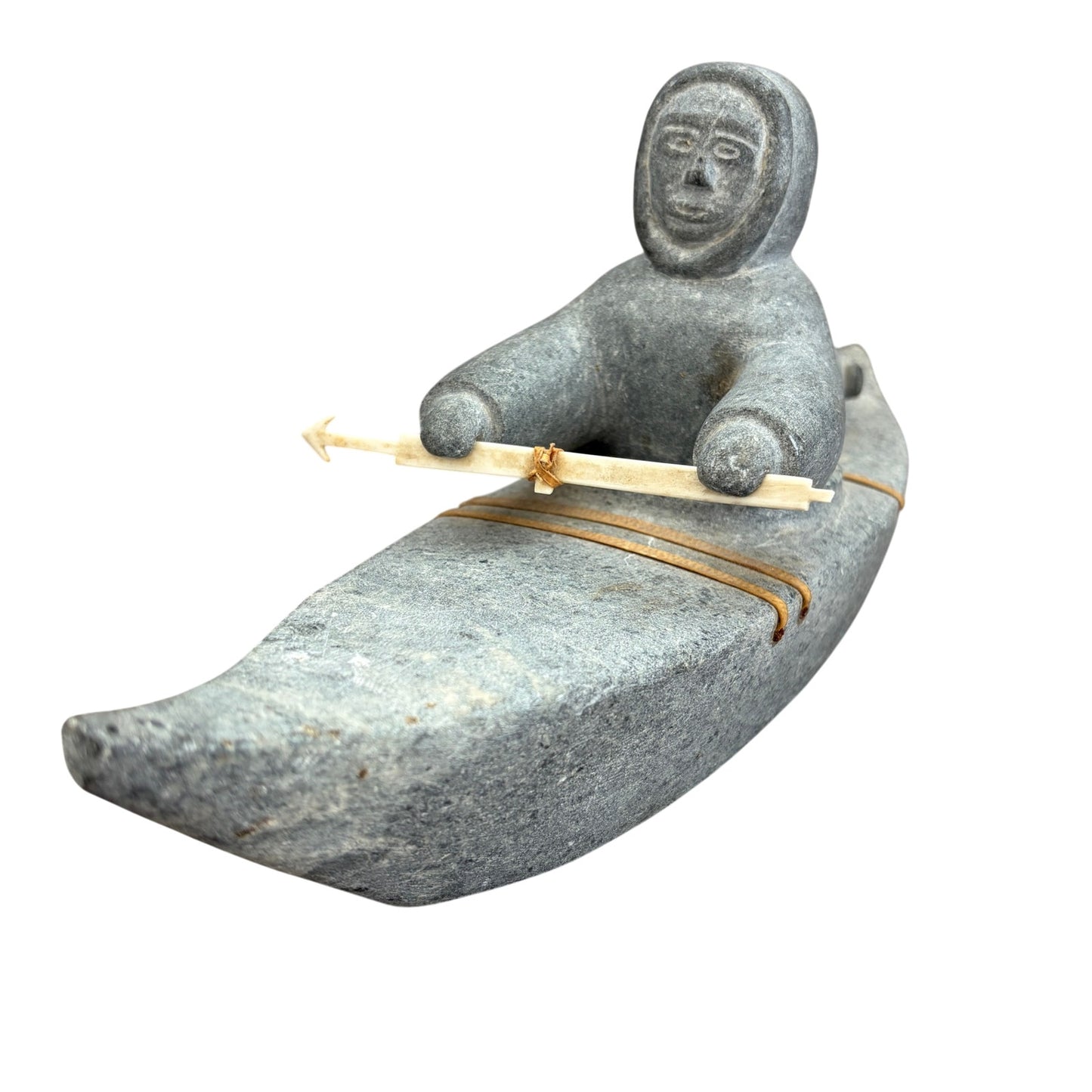 Vintage Inuit Gray Soapstone Man in Boat Figure Sculpture Eskimo Art Signed