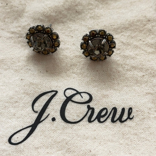J Crew Silver Tone. Rhinestone, Brown Stone Flower Shaped Post Earrings Estate