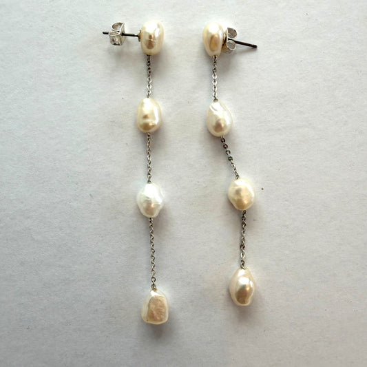Silver Tone and Pearl 3.5" Long Drop Earrings 4 Pearls