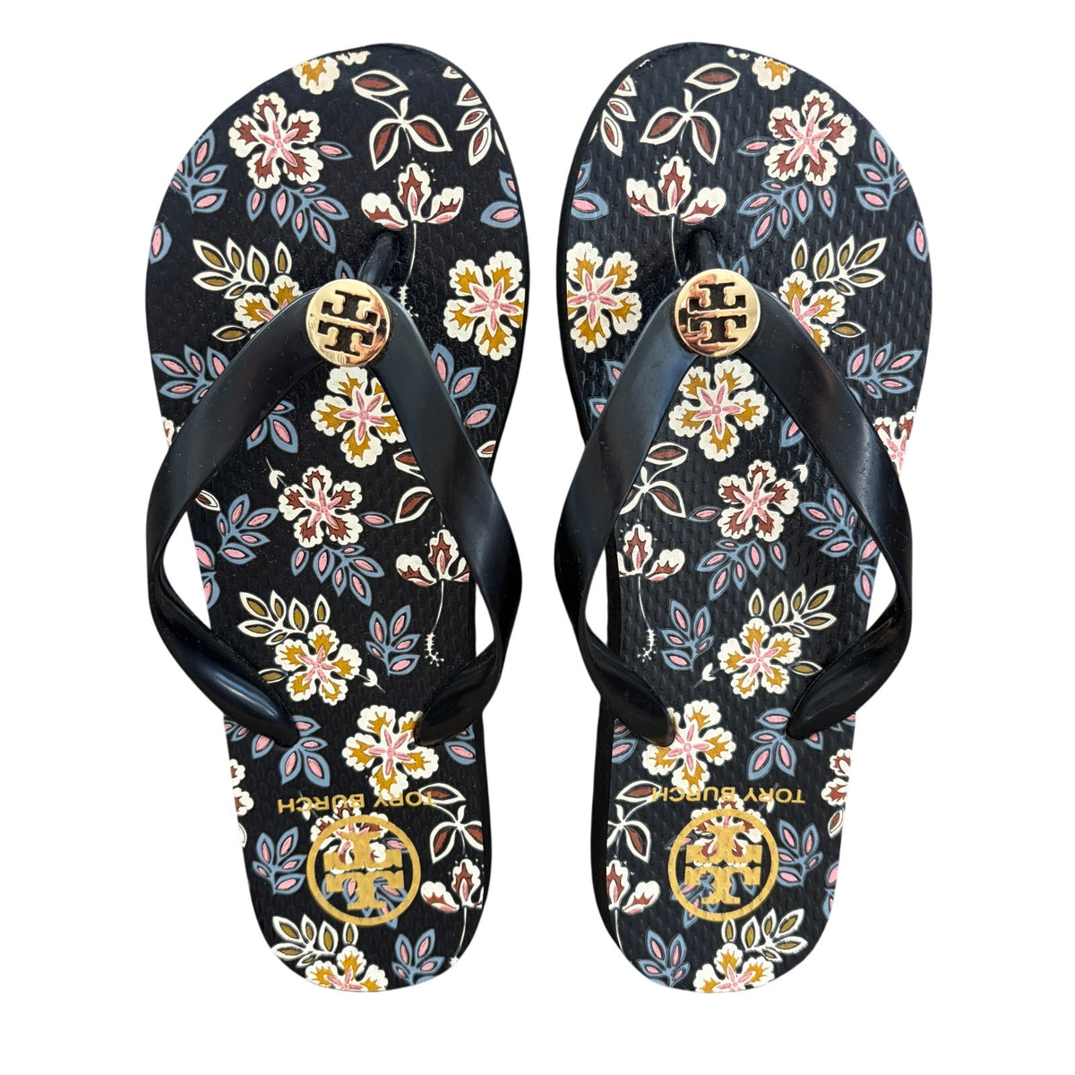 Tory Burch Black Floral Print Flip Flop Thong Sandals Womens Size 7