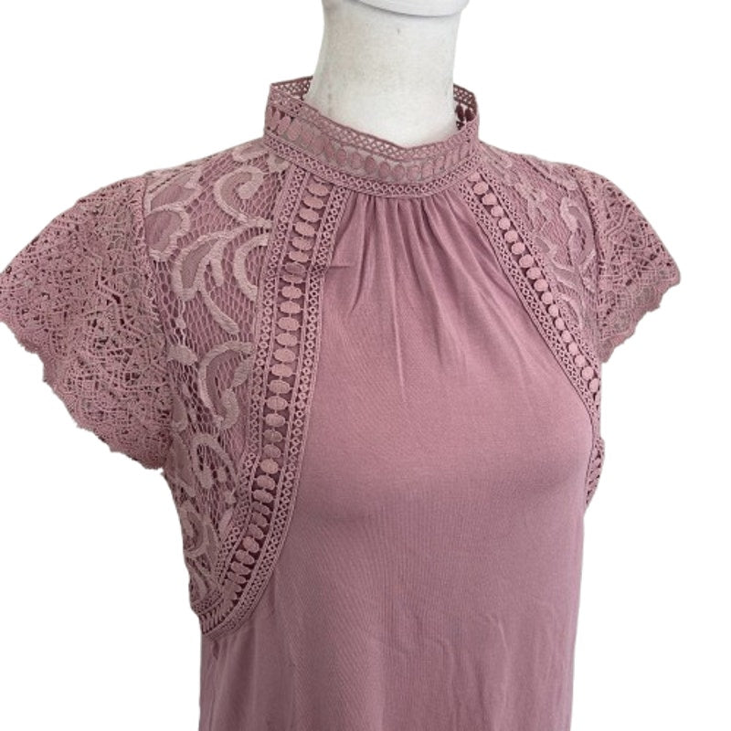Cable & Gauge Pink Lacy Flutter Sleeve Mock Neck Blouse Womens Size Small