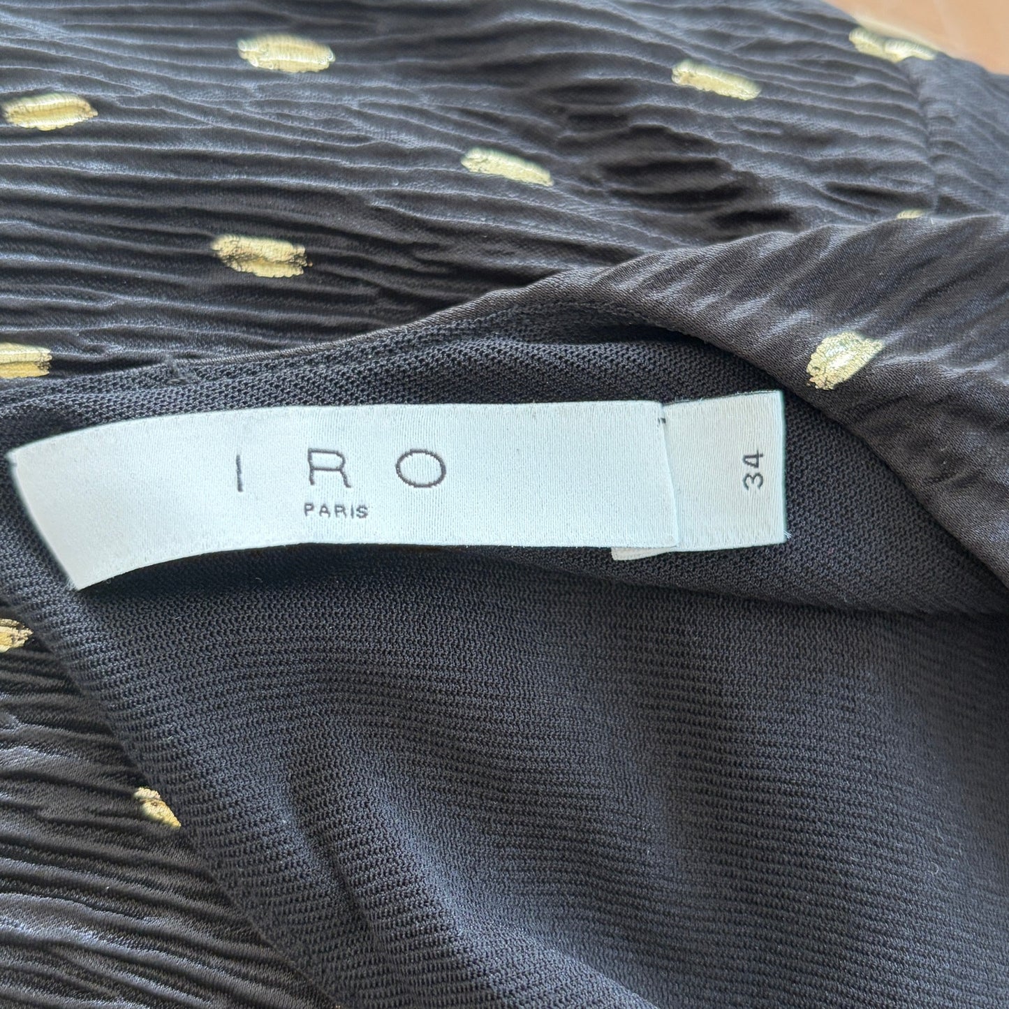 IRO Paris Black and Gold Ruched Long Sleeve V-Neck Dress Womens Size 34 XS
