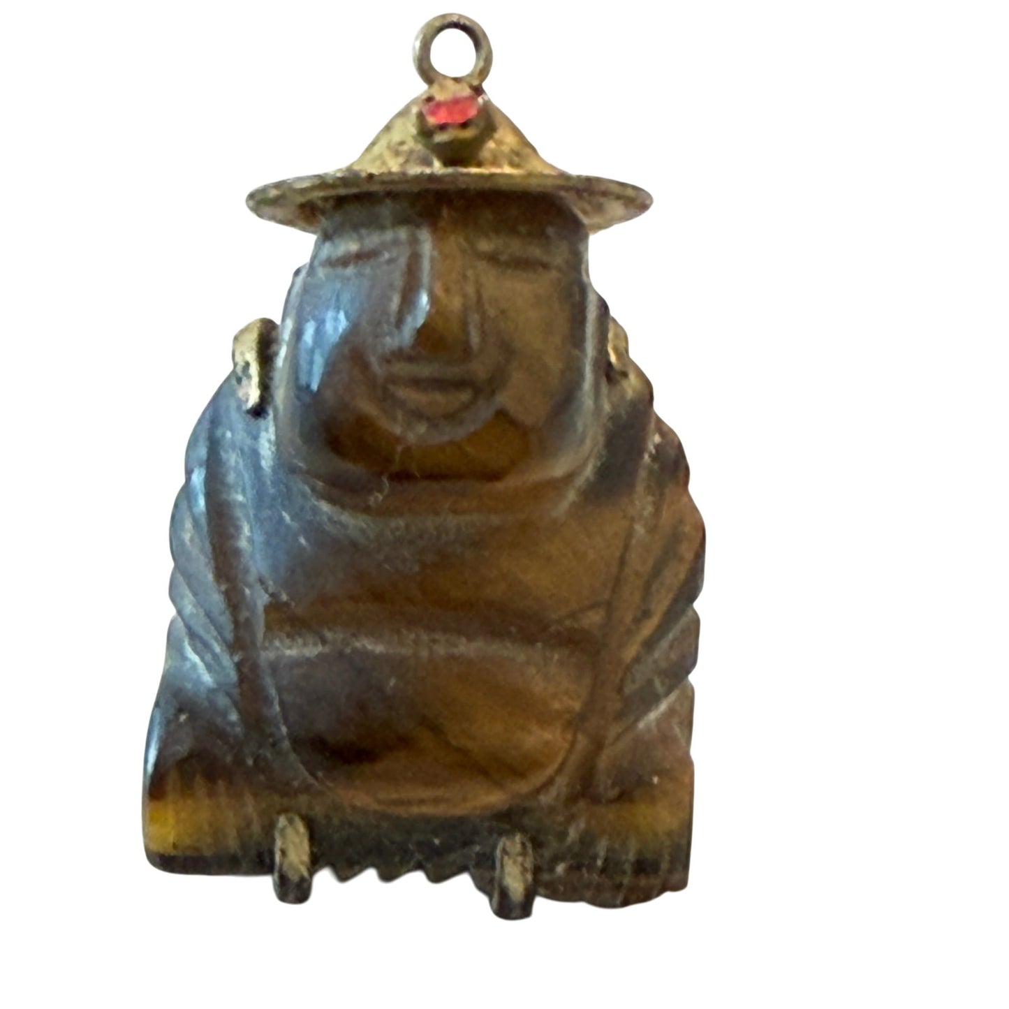 Vintage Asian Tiger's Eye Hand Carved Buddha Charm Pendant 14 K Gold, Ruby Stone