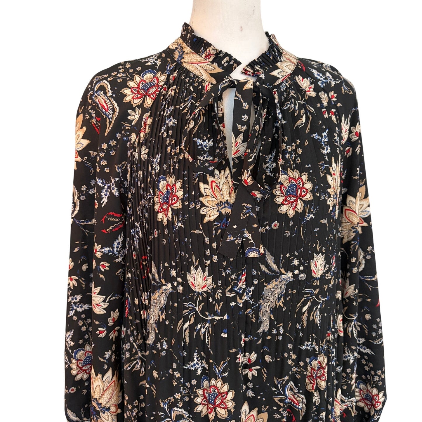 Mika & Gali Black Floral Pleated Long Sleeve Shirt Dress Womens Size Large