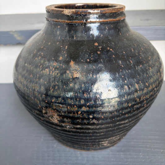 Antique Chinese Ming Large Black Cizhou Vase / Pot  Brown Spots 8" x 11"