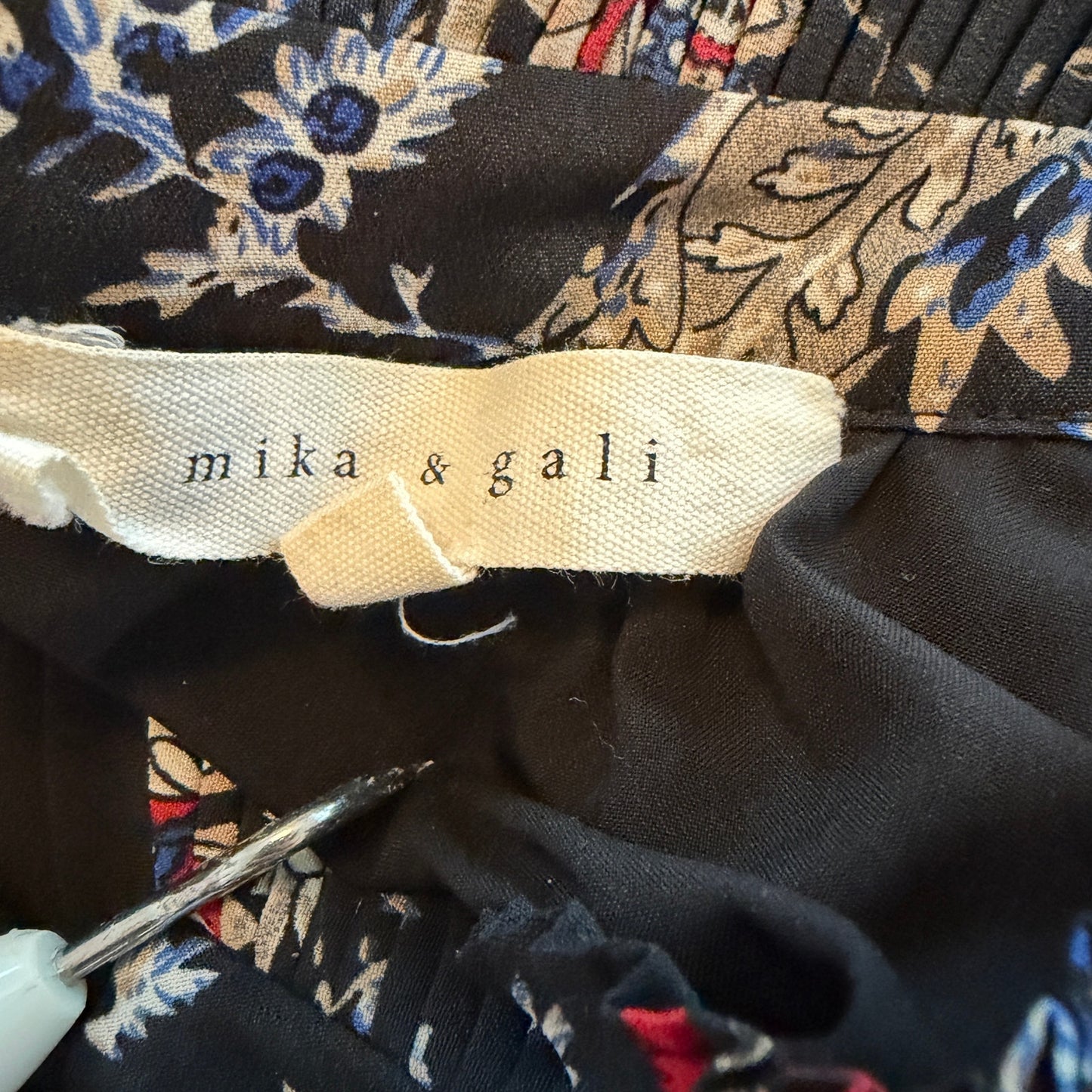 Mika & Gali Black Floral Pleated Long Sleeve Shirt Dress Womens Size Large