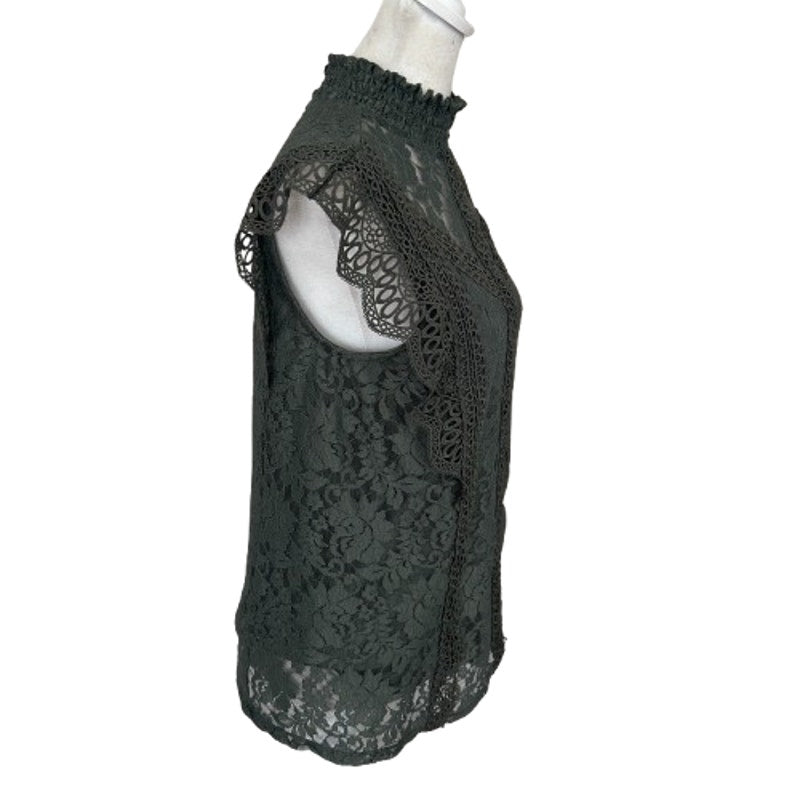 Cable & Gauge Olive Green Lace Flutter Sleeve Mock Neck Blouse Womens Size Small
